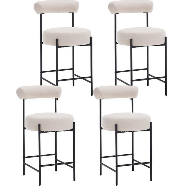 Shunzhi Modern Bar Stools Set of 4 Linen Fabric Upholstered Counter Height Bar Stools with Back/Round Seat Counter Stools Comfy Bartools for Kitchen Island/Bistro, Black Metal Legs, 26 Inch Beige