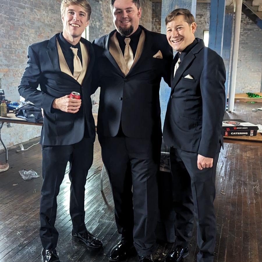 Taken before Dave and Kate's wedding in 2023! Pictured left to right are Bob, Darrel (groomsman), and Cody (groomsman).