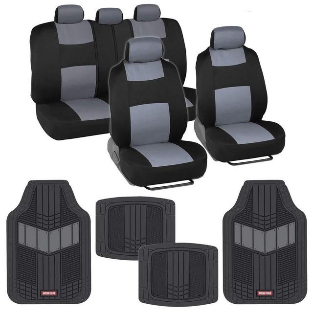 BDK Two-Tone PolyCloth Car Seat Covers w/Motor Trend Dual-Accent Heavy Duty Rubber Floor Mats - Black/Gray (OS-309-GR+MT-688-GR_am)