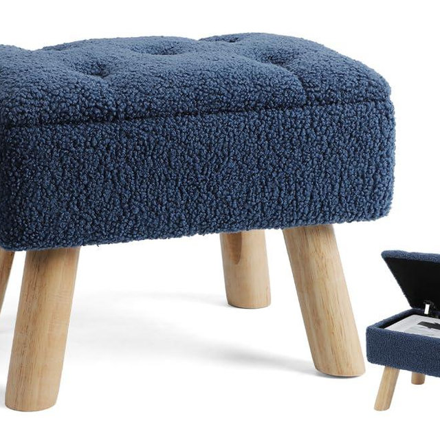 OGEMXU Storage Ottoman, Small Foot Stool Ottoman with Storage, Boucle Teddy Velvet Foot Rest with Padded Seat, Sturdy Wood Legs Stool for Living Room, Bedroom, Couch, Enterway (Dark Blue)