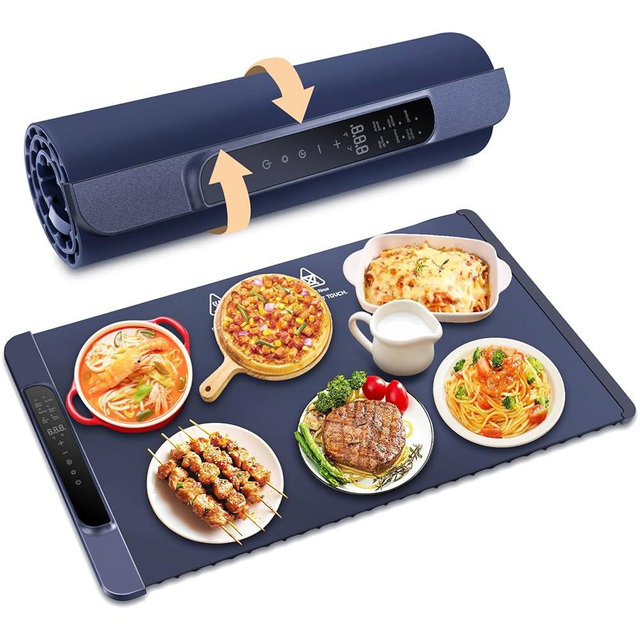 PHILORN Food Warming Mat 15x25.6 Inches, Electric Warming Tray with Full Surface Heating 14 Temps Roll Up Buffet Hot Plates Heat Pad Portable Food Warmer for Parties, Family Gatherings, Buffets (Blue)