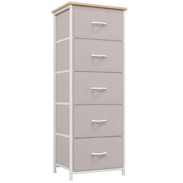 Somdot Tall Dresser for Bedroom with 5 Drawers, Storage Chest of Drawers with Removable Fabric Bins for Closet Bedside Nursery Laundry Living Room Entryway Hallway, Ash Grey
