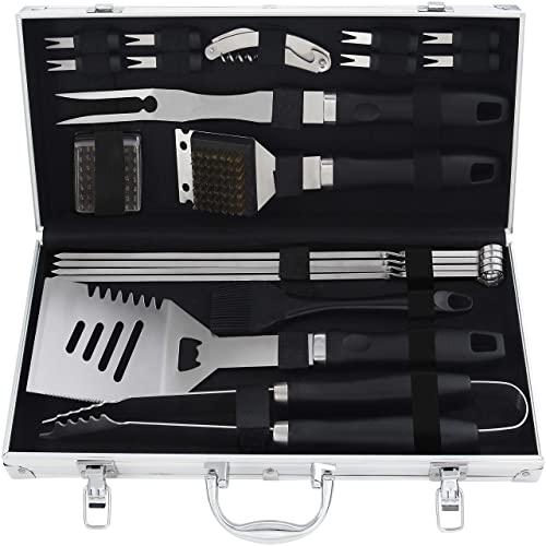 grilljoy 20PCS BBQ Grill Tools Set - Extra Thick Stainless Steel Fork, Spatula, Tongs& Cleaning Brush - Complete Barbecue Grilling Utensils Set in Aluminum Storage Case