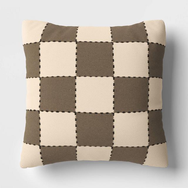 18"x18" Checkerboard Square Outdoor Throw Pillow Brown/Beige - Threshold™