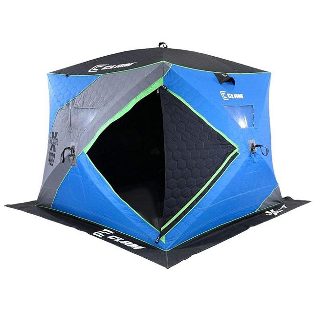 CLAM 14469 X-400 Portable 4 to 6 Person 8 Foot Pop Up Ice Fishing Angler Thermal Hub Shelter Tent with Anchors, Tie Ropes, and Carrying Bag