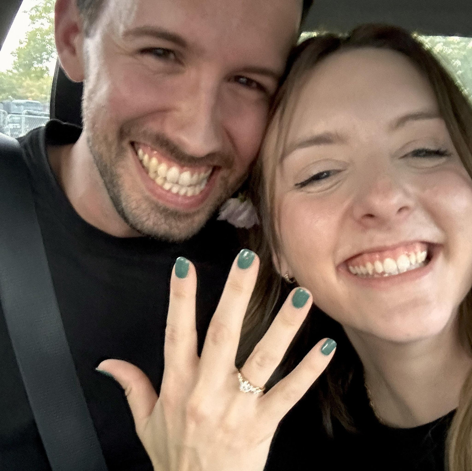 In the car right after we got engaged!