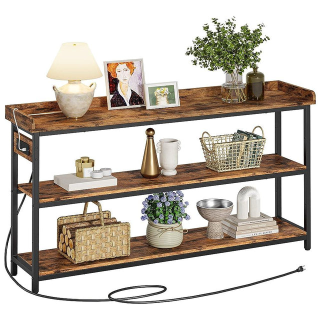 IRONCK Entryway Table, 55" Console Table with Power Outlet, TV Stand for Living Room, Height Adjustable, Easy Assembly, Rustic Brown