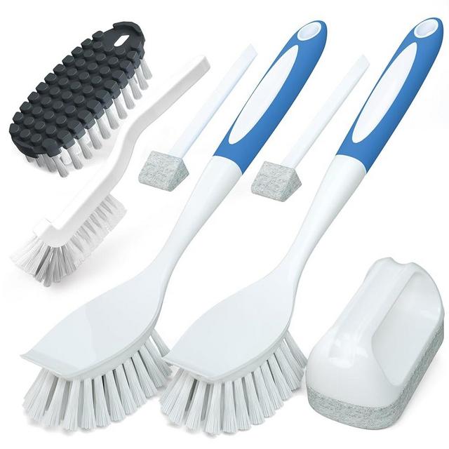 Holikme Cup Brushes Dish Cleaning Brush & Pad Set, Dish Scouring Pad for Cleaning, Scouring Pad & Kitchen Scrub Brush & Bendable Clean Brush & Groove Gap Brush for Dish, Pot, Pan, Kitchen Sink (Azul)