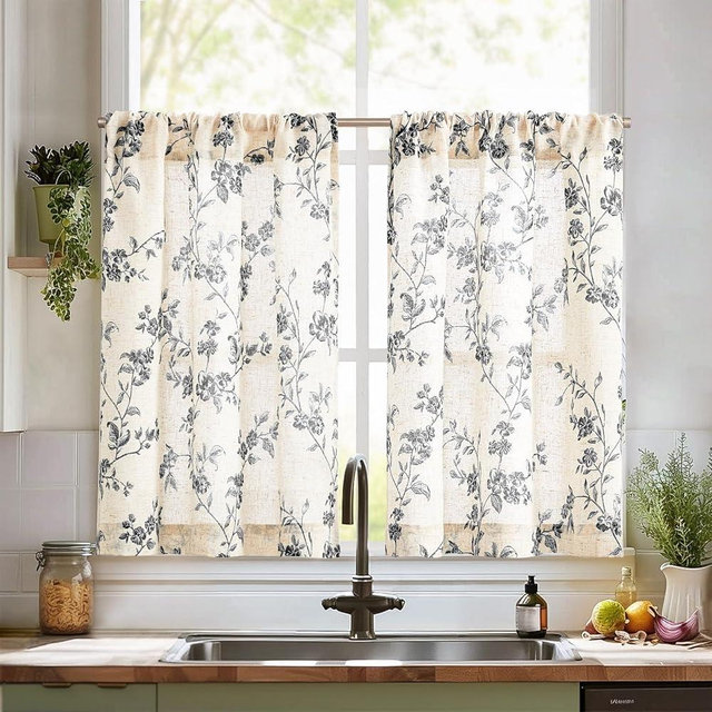 jinchan Floral Kitchen Curtains 36 Inch Linen Tier Curtains Farmhouse Cafe Half Window Drapes Over Sink Light Filtering for Living Room Laundry RV Rod Pocket 2 Panels Black on Beige