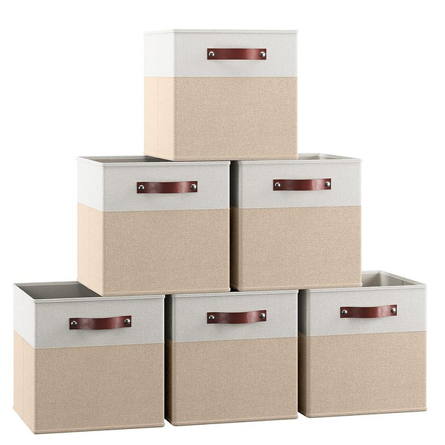 Ornavo Home 11 x 11 Storage Cube Bins, Foldable Collapsible Fabric Storage Bins Box Linen Shelf Basket Cube Organizer for Closet with Leather Handles, 6 Pack, White/Khaki