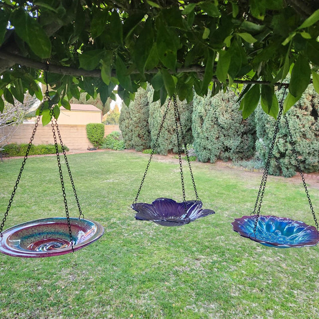 9-Inch Artisan Glass Bird Feeder, Bird Bath Garden Decor, Embossed Hanging Outdoor Garden Art