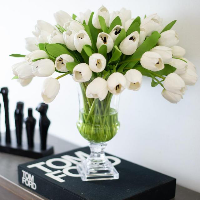 Real Touch White Tulip Everyday Spring Floral Arrangement Centerpiece In Footed Luxury Glass Urn