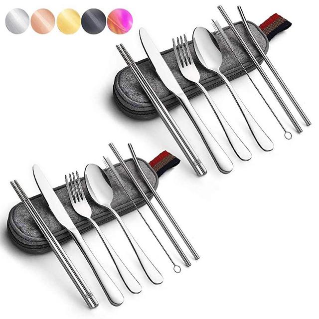 Portable utensils silverware Reusable flatware set with case and straws, Travel Camping Stainless steel Cutlery set, 16Piece including Knife Fork Spoon Chopsticks Straws Portable bag,Sets of 2