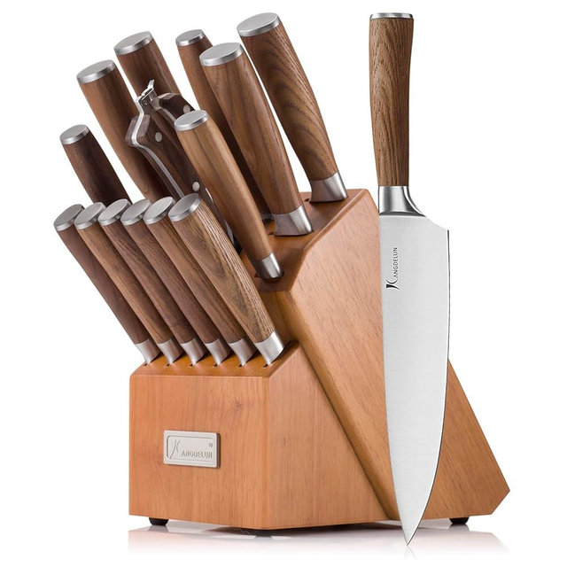 Kangdelun Natura Series 15 PCS Knife Block Set, Ultra Sharp High Carbon Stainless Steel with Wooden Handle