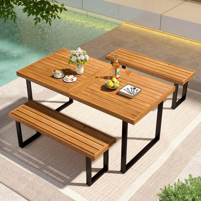 Costway 3PCS Patio Dining Table Set, 63” Rectangle Table 2 Backless Bench Umbrella Hole