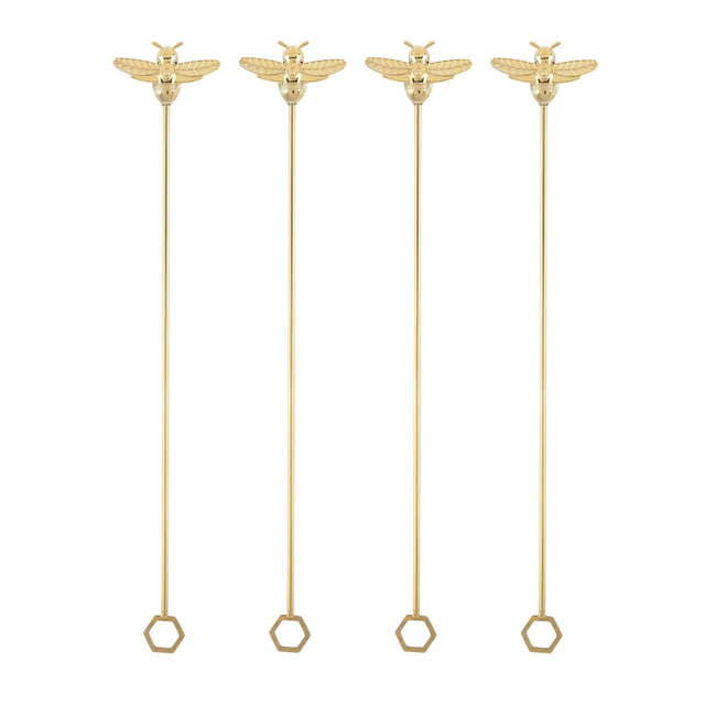 Twine Bee Stir Sticks, Gold Bumble Bee Swizzle Sticks, Stainless Steel Drink Stirrers, Gold Plated Cocktail Accessories, Highly Detailed, Set of 4