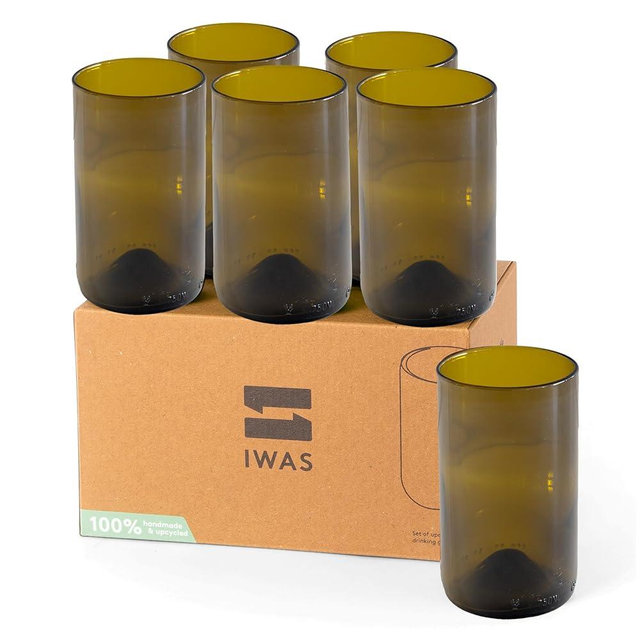 IWAS Upcycled Olive Drinking Glasses | 400 ML | 13.53 OZ | Set of 6 | Sustainable Water Glasses | Environmentally Friendly Dark Brown Glasses For Home