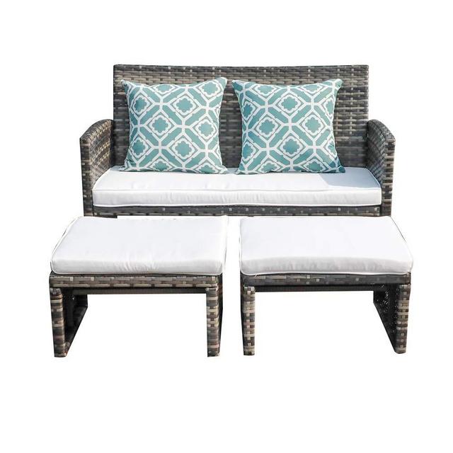 OC Orange-Casual Patio Wicker Furniture Set Outdoor Conversation Set Rattan Loveseat with Ottoman, White Cushions, Grey Wicker