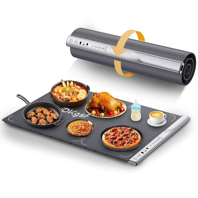 iDKgsf Flexible Food Warming Mat with Dual-Zone Heating, 4-Temp Control & Child Lock – Portable Silicone Heating Pad for Food, Plates, and Beverages (24.4"x16.5"x0.88"), Dark Grey
