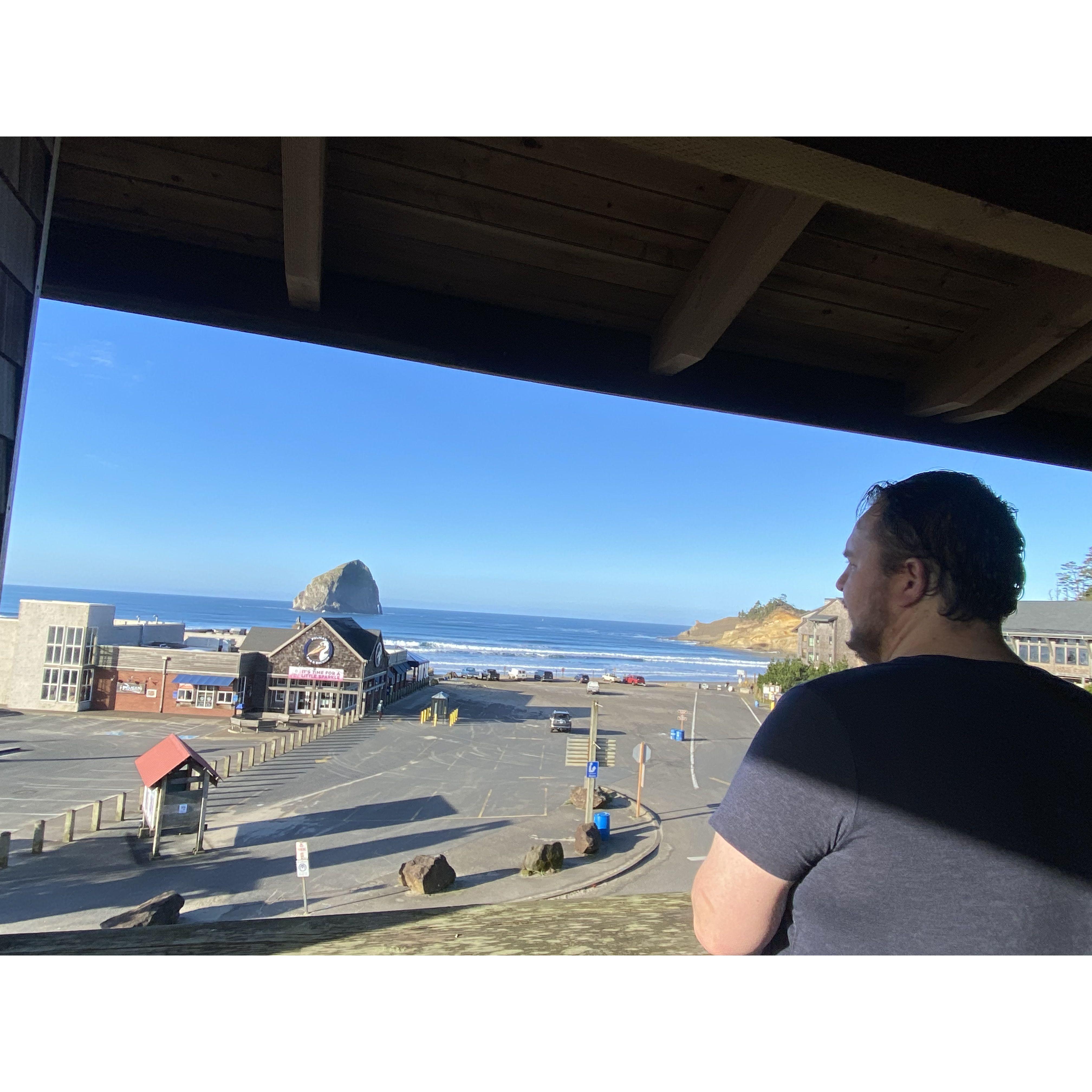 Jake looking at our venue from the Inn at Cape Kiwanda
