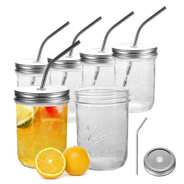 6 Pack Mason Jars 16 OZ, OAMCEG Mason Jar Cups with Lids and Straws, 100% Recycled Sipper Drinking Glasses/Jars/Mugs for Regular & Wide Mouth Mason Jars, One Size