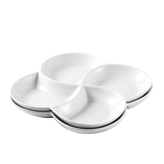 Bruntmor 8.5 inch Modern Set Of 2 Decorative Ceramic Appetizer 4 -Compartment Serving Platter Tray - Dessert Serving Plates, White