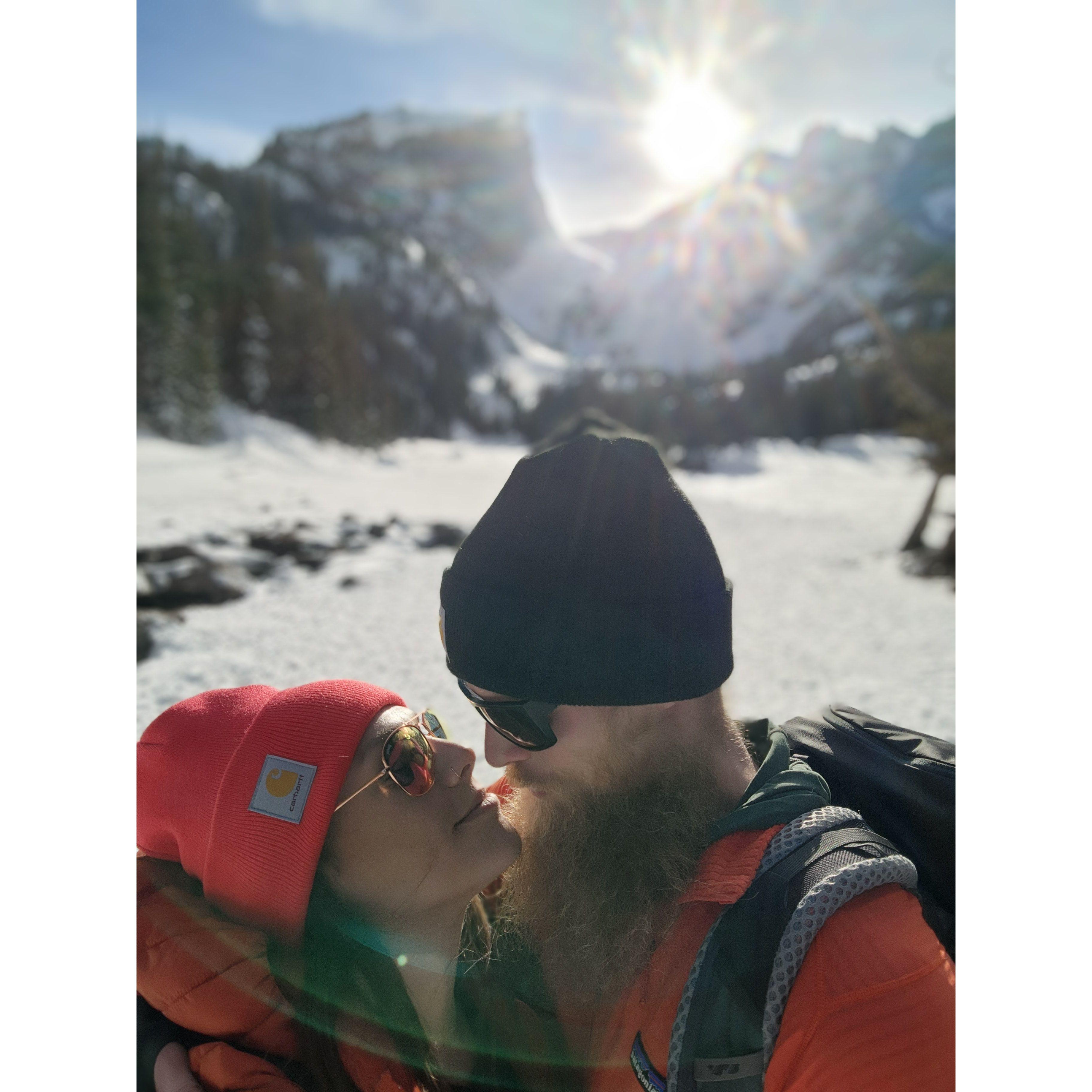 Snow hike to Dream Lake with a sappy picture! We took our engagement photos here too!