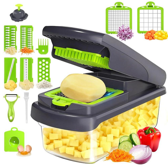 15-in-1 Vegetable Chopper, Multifunctional Veg Choppers with 10 Blades, Onion Potato Fruit Chopper, Slicer and Dicer with Cleaning Brush Peeler and Hand Protector, Big-Capacity Veggie Chopper