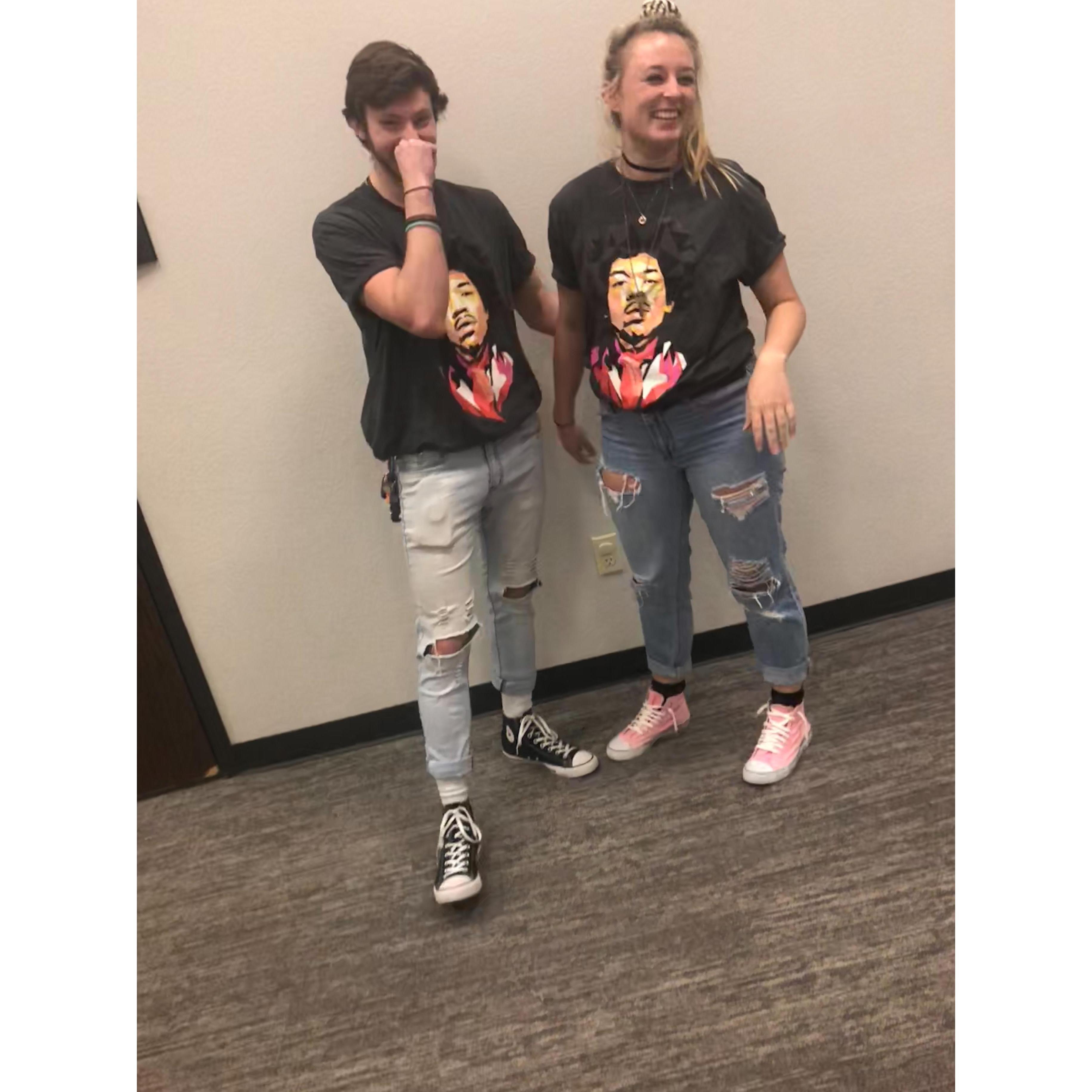 one of the many, many times we match outfits. 90s night at Grace Young Adults.