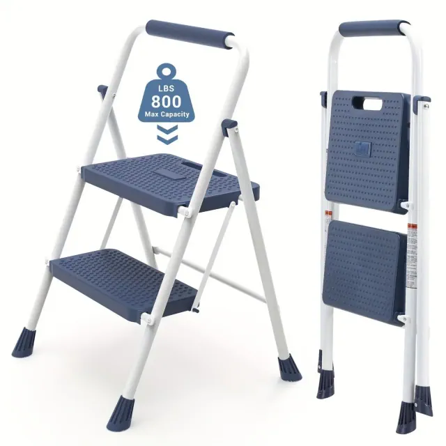 NAYSAYE Portable 2 Layer Step Ladder with Safety Buckle Wide Anti Slip Pedals and Stable Steel Frame, Gray, 21.06"*3"*36.81"