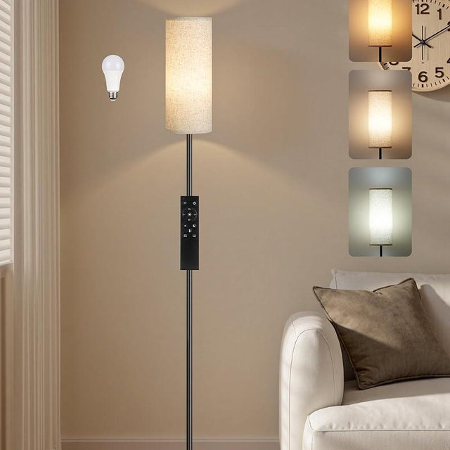 64.4” Dimmable Floor Lamp for Living Room with Remote and Foot Switch, Corner Floor Lamp for Bedroom, 10W 900LM LED Bulb Included, Modern Standing Tall Lamp, 3000K-6500K, Beige, FCC Listed E06LD05W1