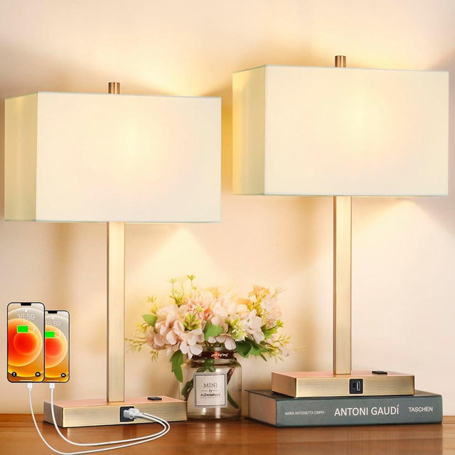 21" Set of 2 Touch Control Table Lamps with 2 USB & AC Outlets, 3-Way Dimmable Modern Nightstand Lamps for Bedroom Living Room Office Reading, White Shade Bedside Lamps, 2700K LED Bulbs Included
