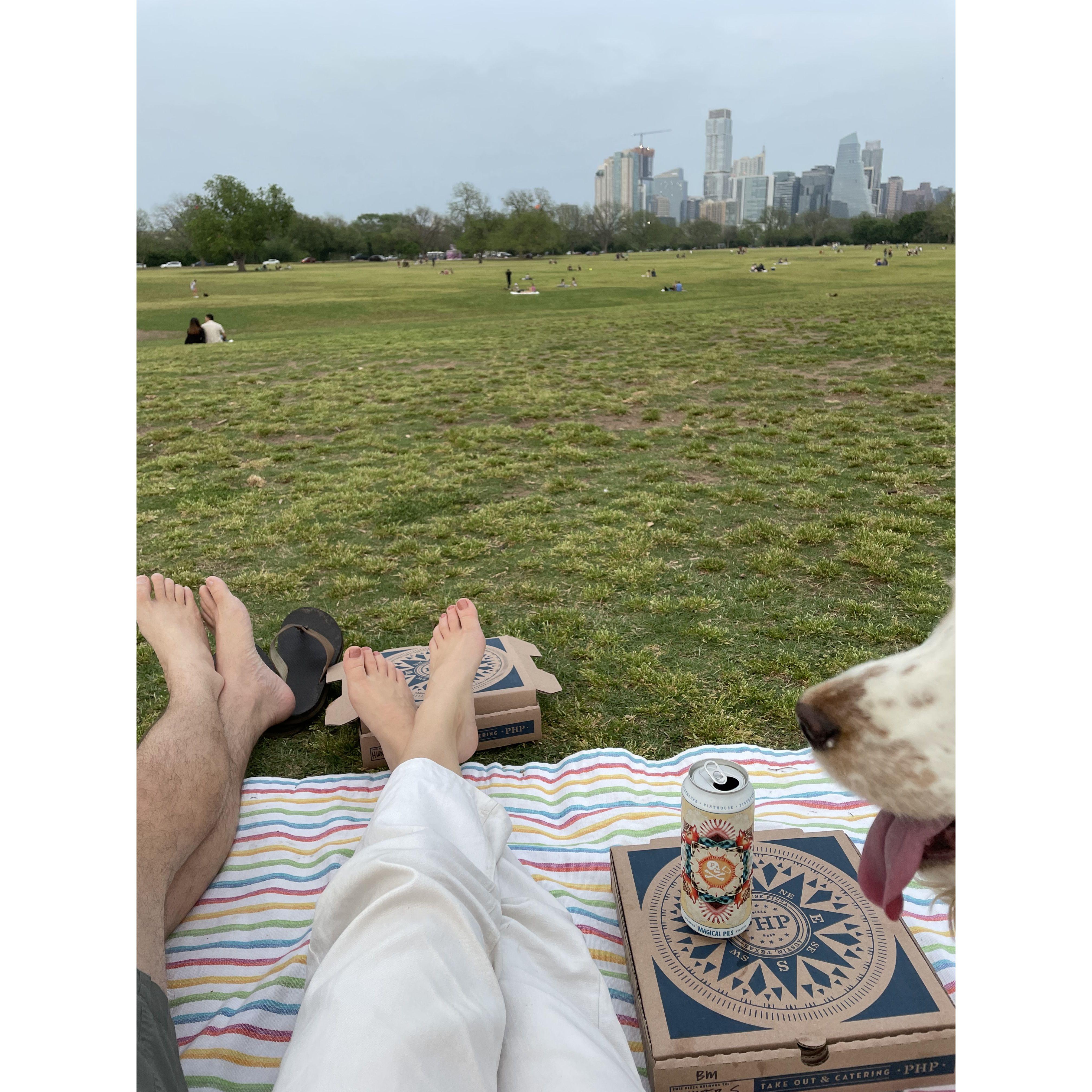 one of many pizza picnics in Zilker Park with Ollie