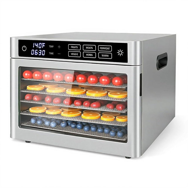 6-Tray Stainless Steel Food Dehydrator, 500W Commercial Meat Jerky Maker with Glass Door & LED Light, Digital Timer & Temperature Control for Fruit, Herbs, Dog Treats, 120V