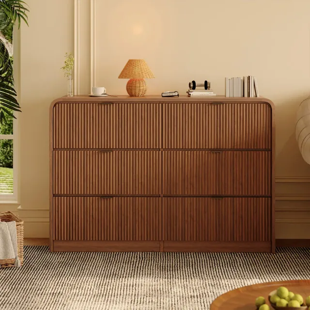 Garvee Fluted Dresser 6 Drawer, Modern Bedroom Dresser with Rounded Edge Walnut Wood Color Chest of Drawers for Living Room Hallway Bedroom