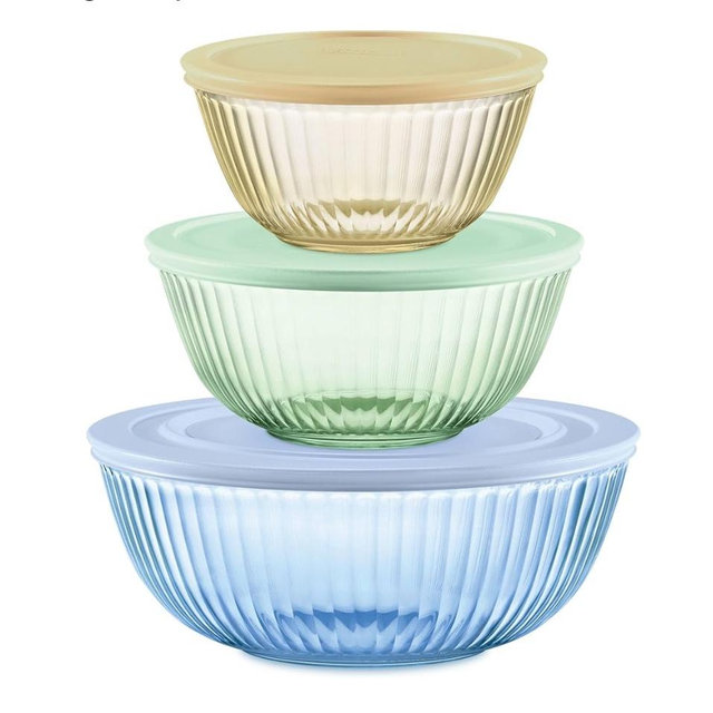 Pyrex Colors Tinted (3-Pack, Full Set) Sculpted Tinted Glass Mixing Bowls With Lids, Nesting Space Saving Set of Bowls For Prepping and Baking, 1.3QT, 2.3QT & 4.5Q