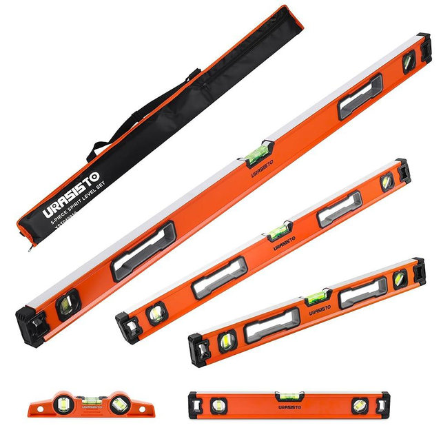 URASISTO 5-Piece Spirit Level Set, 10", 16", 24", 32", 48" Level Set with Magnetic Torpedo Level, 45°/90°/180°Bubbles Measuring, Aluminium Alloy Levels with Carrying Bag