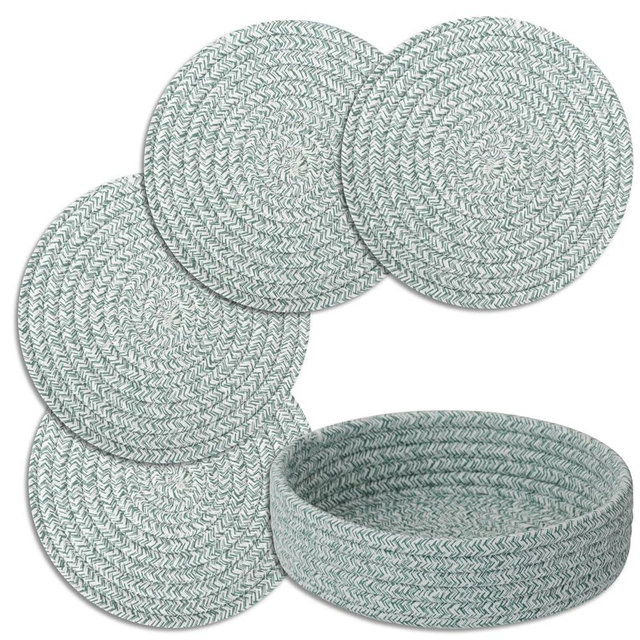 Trivets for Hot Dishes, Pots and Pans, Heat Resistant Hot Pads with Storage Basket, Pot Holders for Kitchen Countertop, Trivet Mats Home Essentials Farmhouse Decor (Green 4 Pcs)