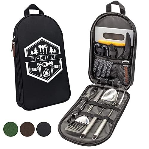 13 PC Grilling and Camping Cooking Utensils Set for The Outdoors BBQ - Stainless Steel Camp Kitchen Set Cookware Grill Tool Accessories Kit with Lightweight Stylish Crossbody Carrying Bag
