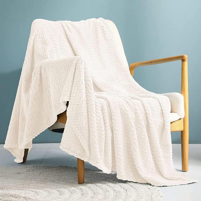 Exclusivo Mezcla Large Flannel Fleece Throw Blanket, Jacquard Weave Wave Pattern (50" x 70", Ivory) - Soft, Warm, Lightweight and Decorative