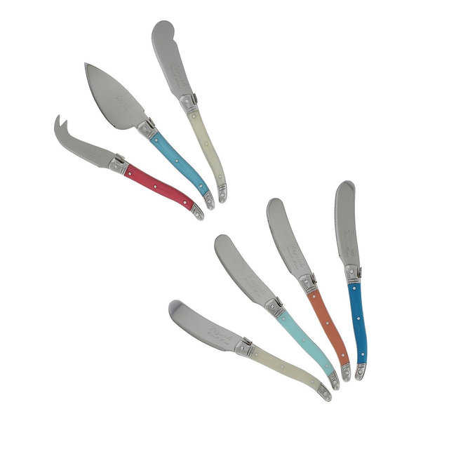 French Home Laguiole Coral and Turquoise Cheese Knife and Spreader Set, 7 Piece