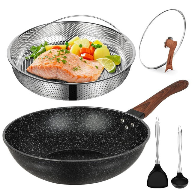 AOSION 13'' Nonstick Wok, Woks & Stir-Fry Pans Non Stick Wok with Lid and Steamer Basket Spatula Ladle, 100% PFOA Free Induction Wok Pan for Electric, Gas, Halogen, All Stoves