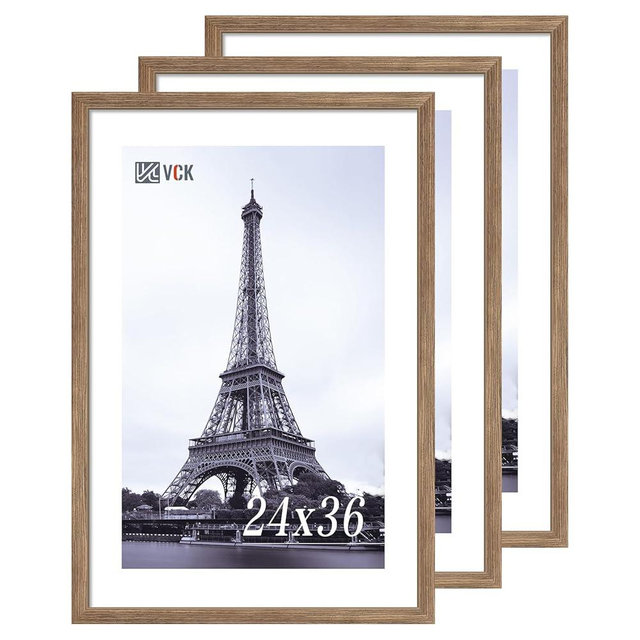 VCK 24x36 Poster Frame 3 Pack - Brown Walnut, Natural Textured Solid Wood Picture Frame, Wall Mounting Hanging