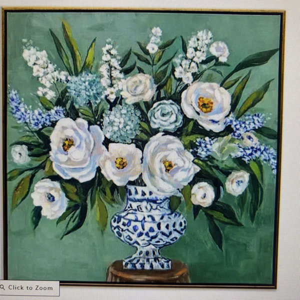 Framed Hand Painted Blue Chinoserie Floral Vase Wall Art, 30"