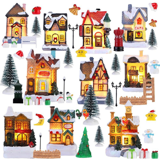 Barydat 60 Pcs Christmas Village Set Led Lighted Mini Xmas Village Houses Winter Village Buildings Town Accessories Holiday Village Collection Kit for Merry Christmas Village Street Desktop Decoration