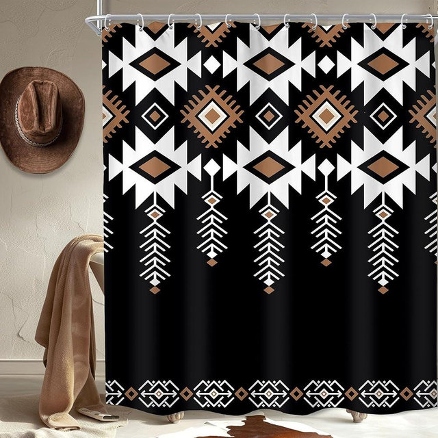 KOMLLEX Black Western Shower Curtain 60Wx72H Aztec Bathroom Decor Abstract Tribal Ethnic Boho Southwestern Geometric Retro Native Simple Neutral Classic Fabric Waterproof Polyester 12 Pack Hooks