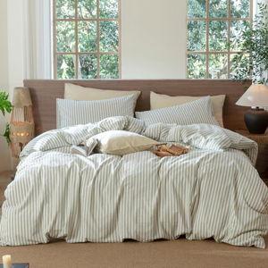 MooMee Striped Duvet Cover Set 100% Washed Cotton Linen Like Textured Breathable Durable Soft Comfy (Sage Green White Classic Stripes, Queen 90"x90")