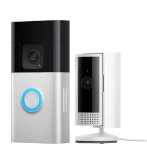 Ring - Essential Security Set with Battery Doorbell Plus and Indoor Cam - Satin Nickel and White