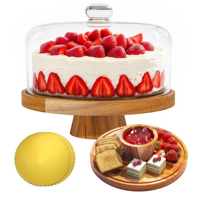 Krbnk Acacia Wood Cake Stand with Lid, 12" Glass Cake Stand with Dome, Cake Holder for Cakes, Cupcakes & Valentine Baking Supplies, 2-in-1 Dessert Table Display & Charcuterie Board for Wedding Party