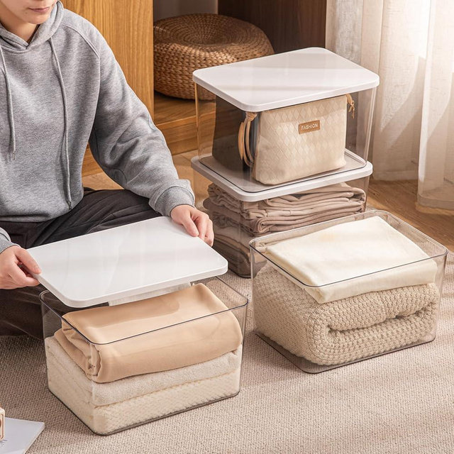 Sgoostood 4-Piece Set,Plastic Storage Bin with Lid,Large Storage Containers,Stackable Lidded Storage Boxes for Cabinets, Clothes, Toys, Books (clear 4XL(with wihte lid))